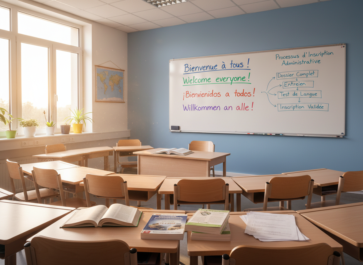 A bright classroom dedicated to language and school support, with rows of light-colored desks arranged in a semi-circle around a large whiteboard. On the whiteboard, neatly written phrases in different languages are underlined in vibrant marker colors, alongside a simple diagram explaining an administrative process. Open dictionaries, French grammar books, and exercise sheets are spread across the front desk. A large window lets in soft morning light, illuminating floating dust particles and creating a gentle, realistic glow. Photographic realism with a clean, modern feel, captured at eye level with a wide-angle lens to show the whole room. The mood is encouraging and structured, suggesting a safe learning space for integration, with no people visible.