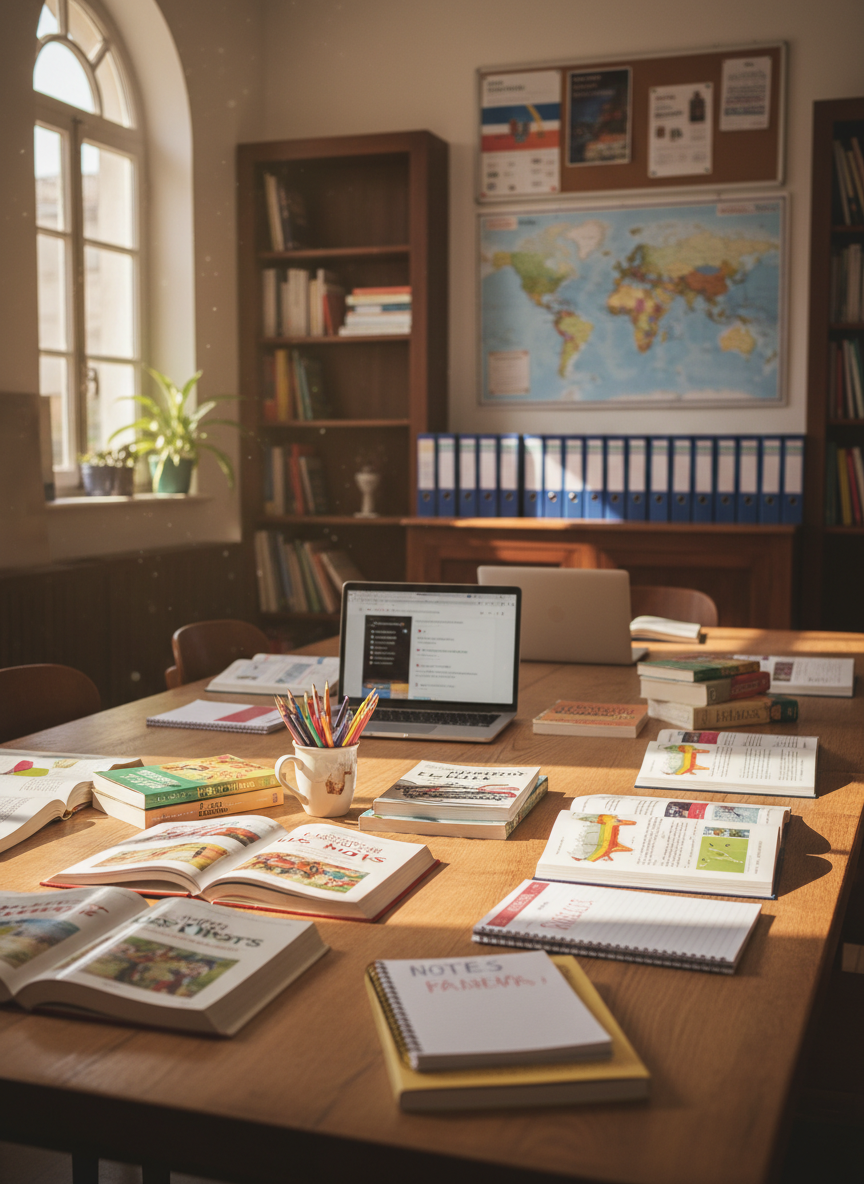 A warmly lit study room in a community center, with a large wooden table covered in colorful language learning materials: open textbooks in French and other languages, neatly stacked notebooks, sharpened pencils in a ceramic cup, and a laptop displaying a translation website. On the wall, a detailed world map is pinned alongside neatly arranged administrative forms in folders labeled with different languages. Soft afternoon light enters through a high window, casting gentle, realistic shadows across the table. Photographic realism with a clean, professional aesthetic, shot at eye level with a shallow depth of field so the table is in crisp focus while bookshelves and a bulletin board in the background fade into a soft bokeh, creating a calm, reassuring atmosphere of structured support and integration.