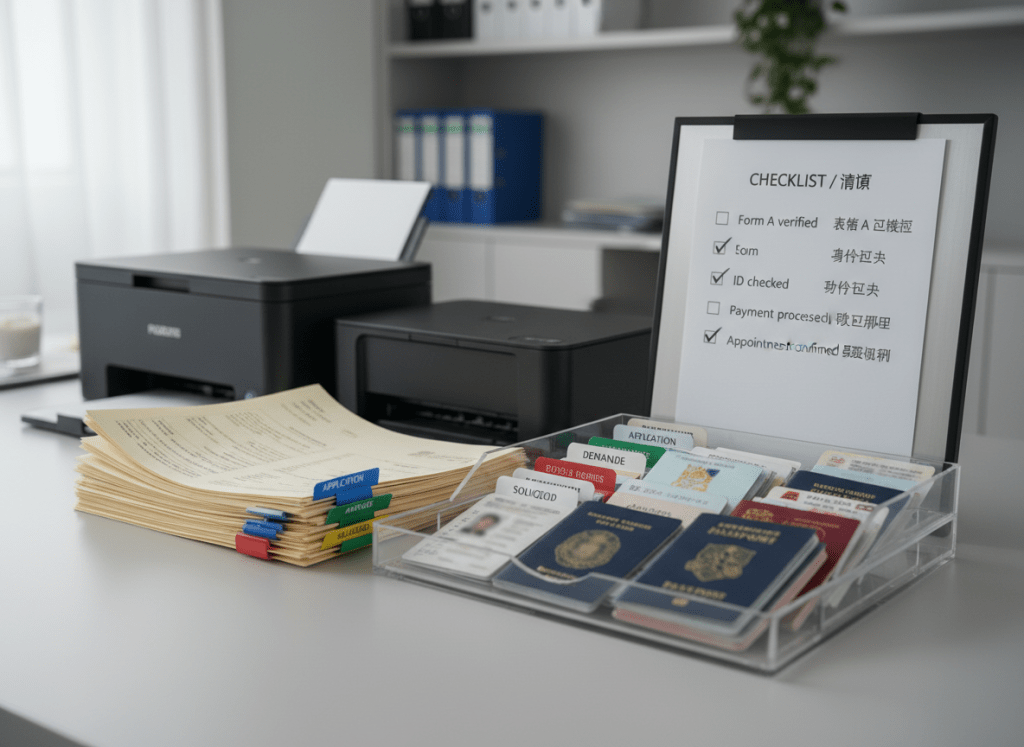 A close-up, photographic-realistic shot of an impeccably organized administrative support station: a matte black scanner and printer beside neat piles of official-looking forms, all labeled with colored index tabs in different languages. A transparent document tray holds passports and identity cards rendered generically, with all personal details blurred and illegible, emphasizing process over individuals. A bilingual checklist is clipped to a sleek metal board, each box carefully ticked. Cool, even office lighting is softened by indirect daylight from an unseen window, creating subtle reflections on the equipment’s surfaces. Shot from a three-quarter angle with shallow depth of field, the main forms and checklist in sharp focus while the background fades, conveying precision, professionalism, and calm administrative guidance.