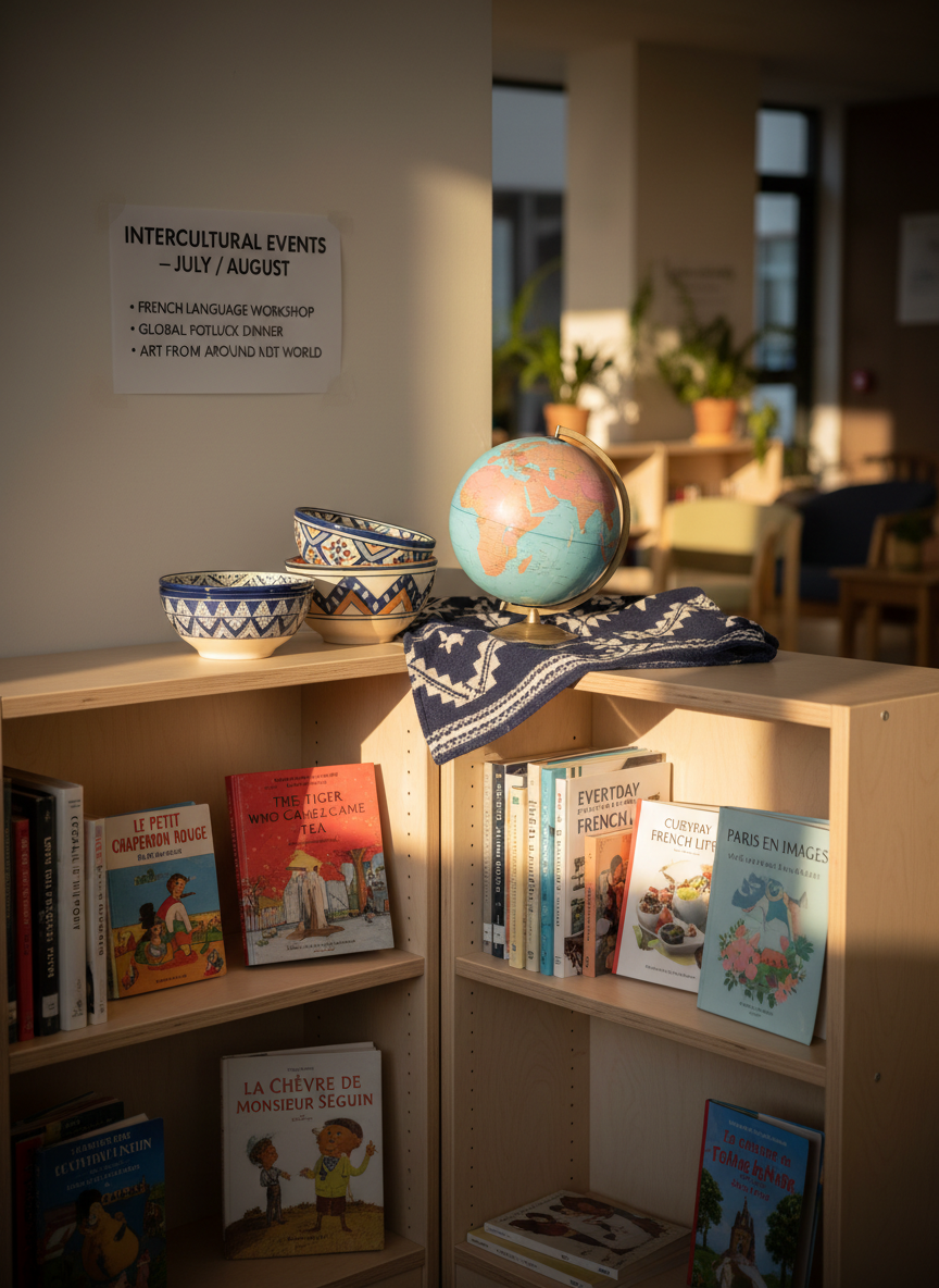A cultural integration corner in a community space, photographed in realistic detail: a low birch-wood shelf filled with books about local history, children’s picture books in multiple languages, and illustrated guides to everyday life in France. On top of the shelf, small objects from different cultures—patterned ceramic bowls, a traditional textile, and a neutral globe with soft pastel countries—are carefully arranged. Above, a minimalist poster explains upcoming intercultural events in clear typography. Soft, warm afternoon sunlight flows in from the side, highlighting the textures of paper and fabric. Shot at eye level with a gentle vignette and shallow depth of field, the foreground books crisp and the background slightly blurred, creating a peaceful, inclusive atmosphere aligned with professional nonprofit support for migrants.