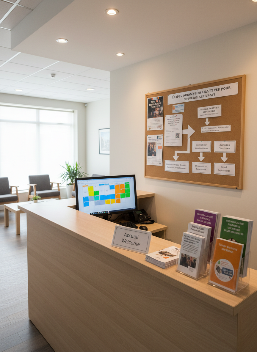 An inviting reception desk in a modern nonprofit office dedicated to migrant support, with a smooth light-wood counter, a discreet bilingual sign reading “Accueil / Welcome,” and organized stacks of multilingual brochures about language classes, school support, and cultural activities. A computer monitor displays a clean, colorful calendar of workshops. Behind the desk, a wall-mounted corkboard holds carefully arranged flyers and a clearly printed flowchart of administrative steps. Soft, diffused daylight from a nearby window blends with warm overhead lighting, creating a professional yet welcoming mood. Photographic realism, shot from a slightly elevated angle with balanced composition and sharp focus throughout, highlighting clarity, organization, and trustworthiness in the environment without any human presence.
